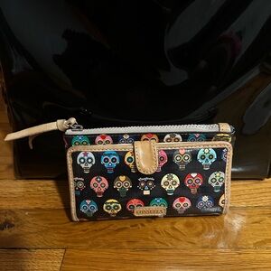 Consuela Slim Wallet. Tiny pattern, multi-color sugar skulls.